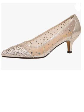 XYD Champagne Pointed Toe Slip On Graceful Mesh Rhinestone Kitten Heels Pumps
